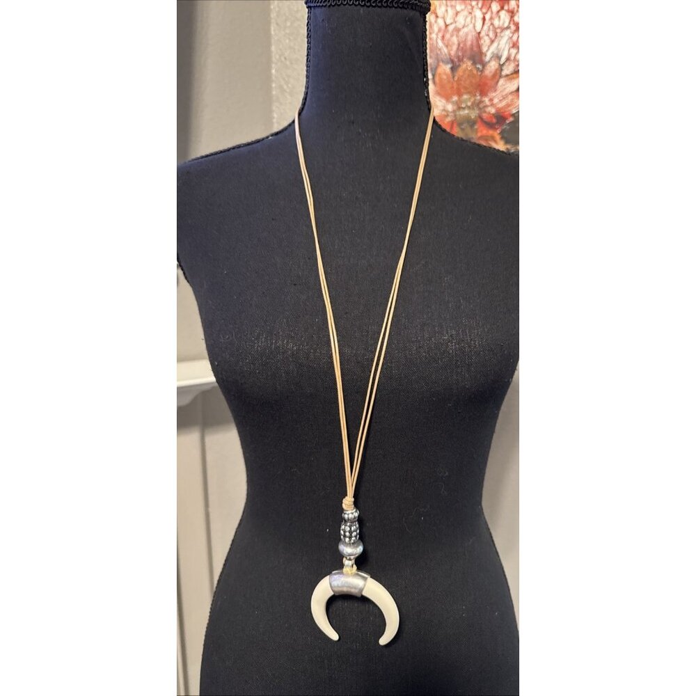 Chicos Faux Ivory Crescent Pendant Silver Tone 21" Long Statement Necklace NEW - Picture 1 of 15